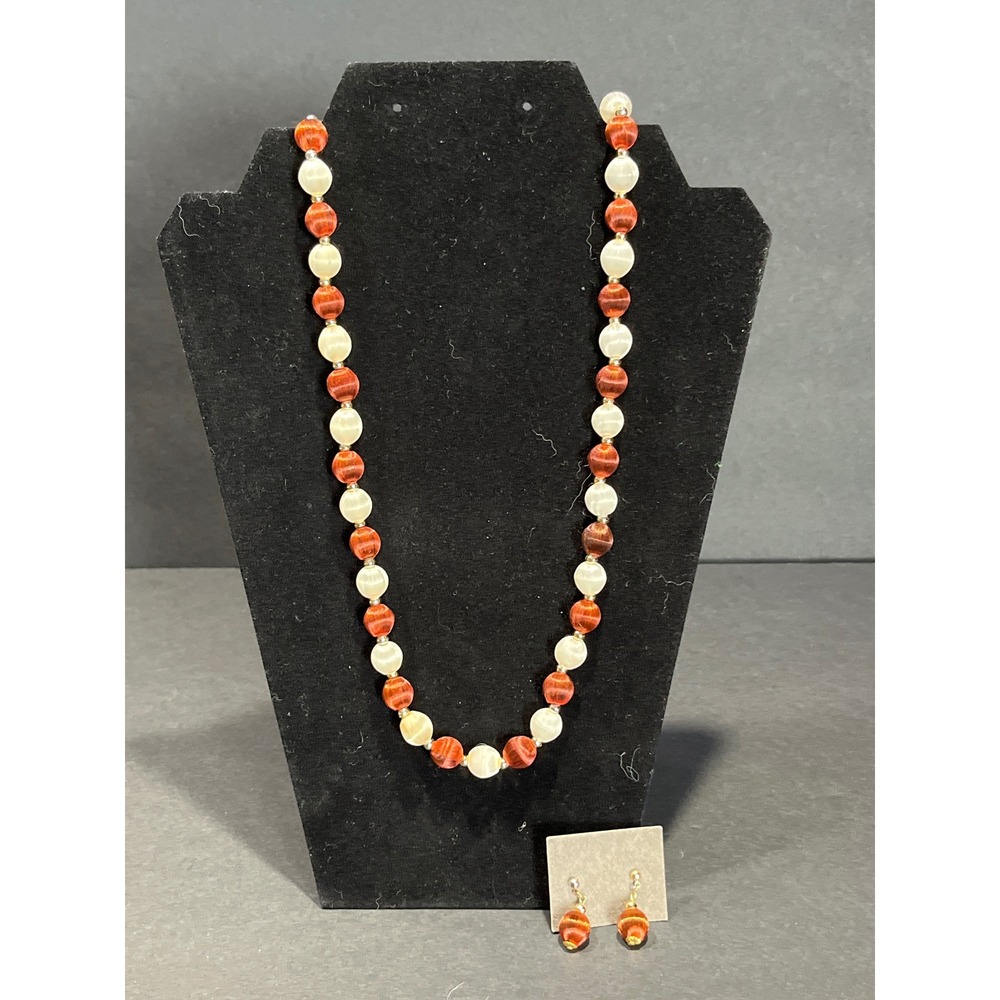 Vintage Silk Thread Wrapped Bead Necklace and Earring Set Orange Cream 30 Inch
